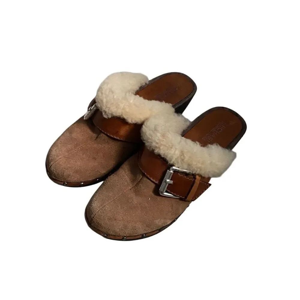 Michael Kors Brown Suede Leather Studded Wooden Heels Clog Mules Size 7 1/2 EUC